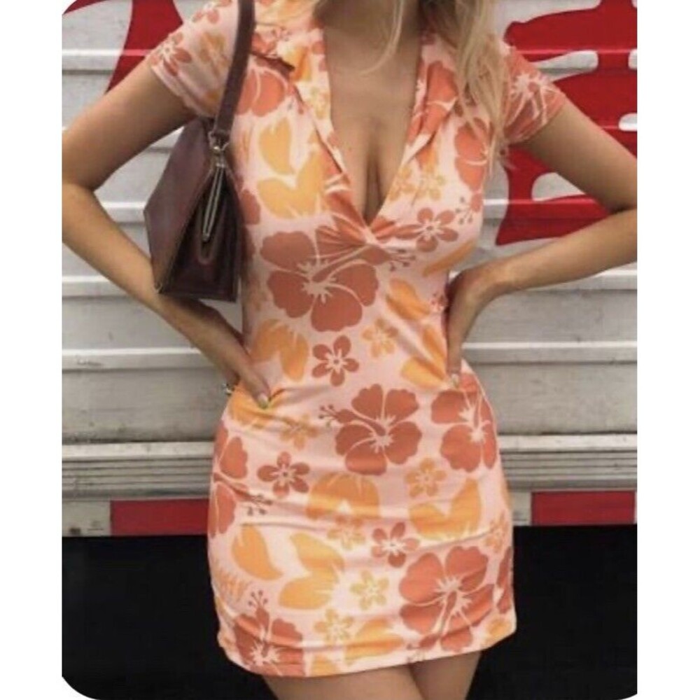 OMIGHTY Mini Dress Orange Hibiscus Size Medium